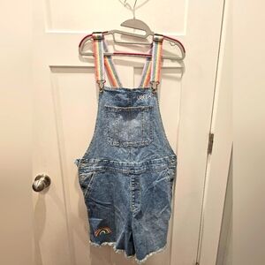 Rainbow Strap Denim Overall Shorts Embroidered “Queen” Bib Pride Festival Medium